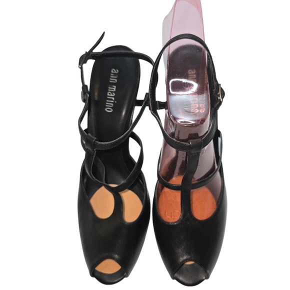 Vintage Ann Marino Manhattan Black Heels Size 9.5 M Open Toe Ankle Strap Stilett - Picture 5 of 10